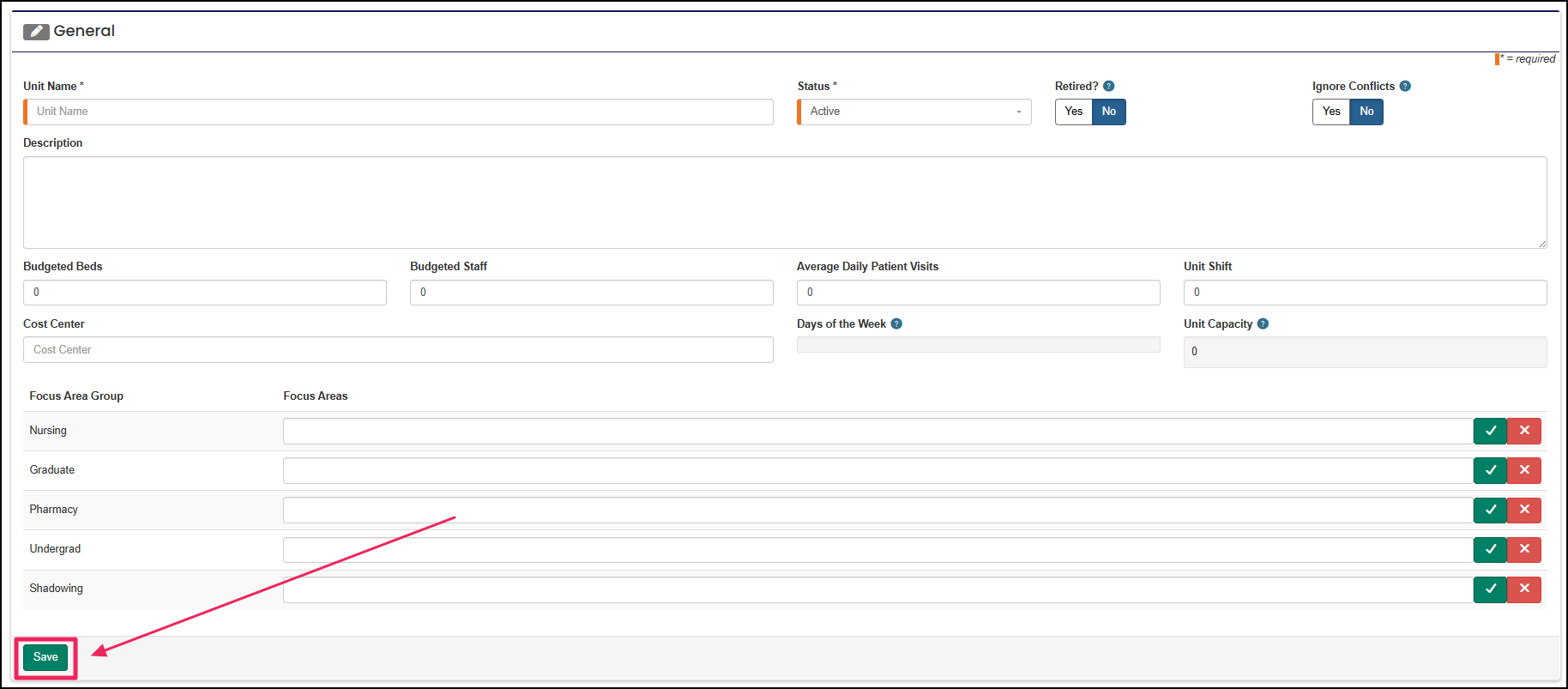 Create new unit page highlighting the save button.