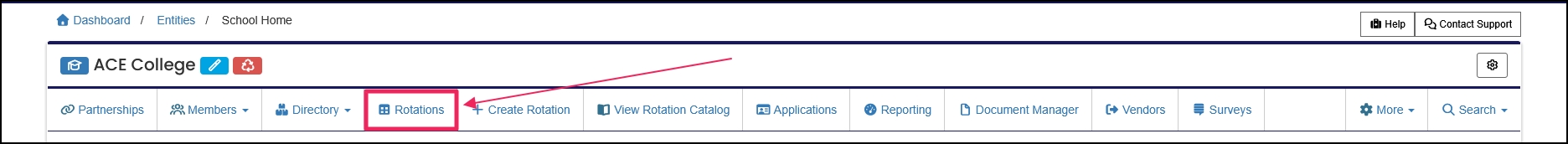 School User navigation bar highlighting Rotations button.