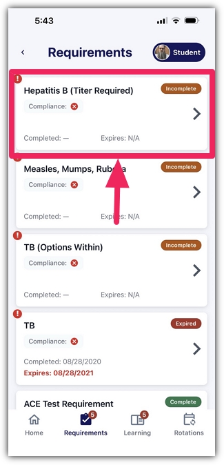 Requirements screen displaying a list of onboarding requirements with one highlighted.
