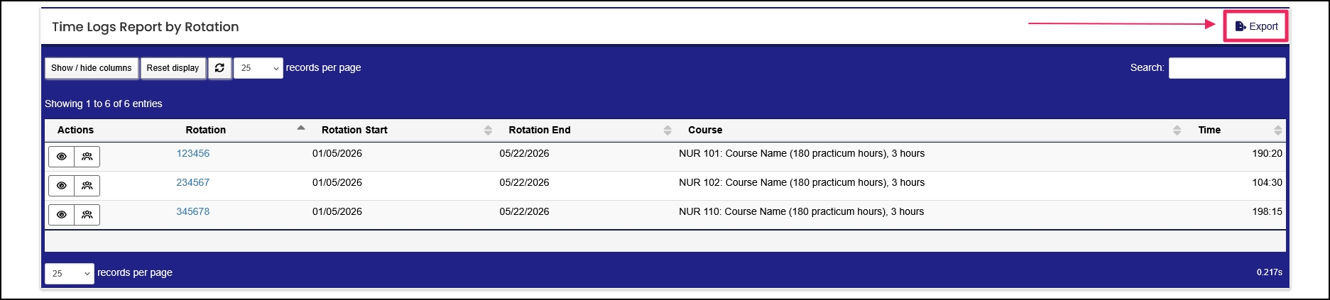 Time Log Report by rotation results example.