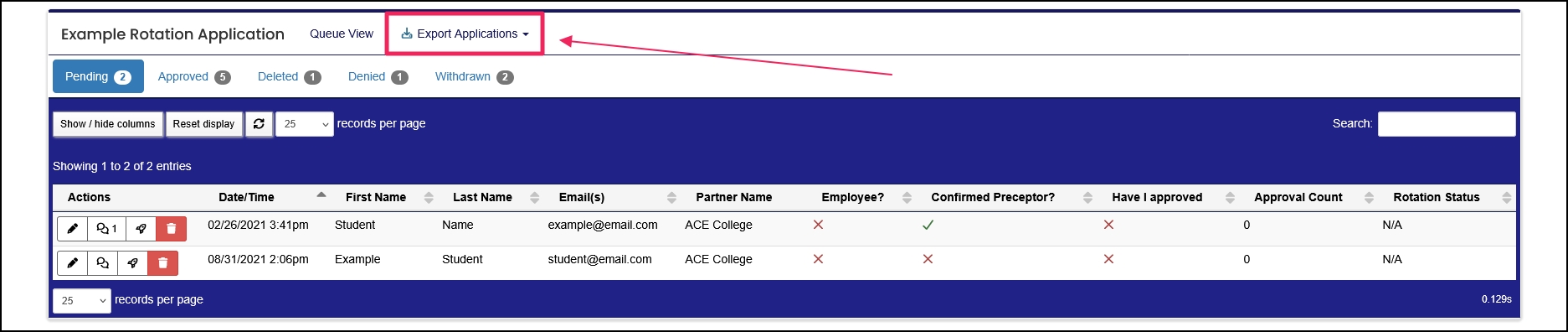 Application List table highlighting Export Applications button.
