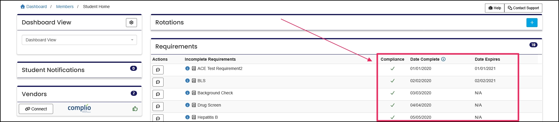Member home page highlighting the compliance column and date complete column of the requirements table.