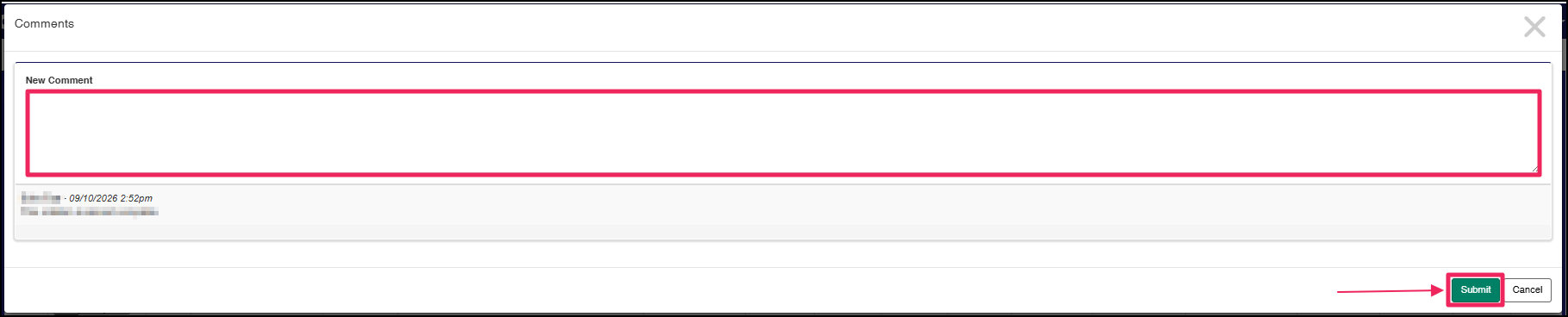 Comment panel with New Comment box and Submit button