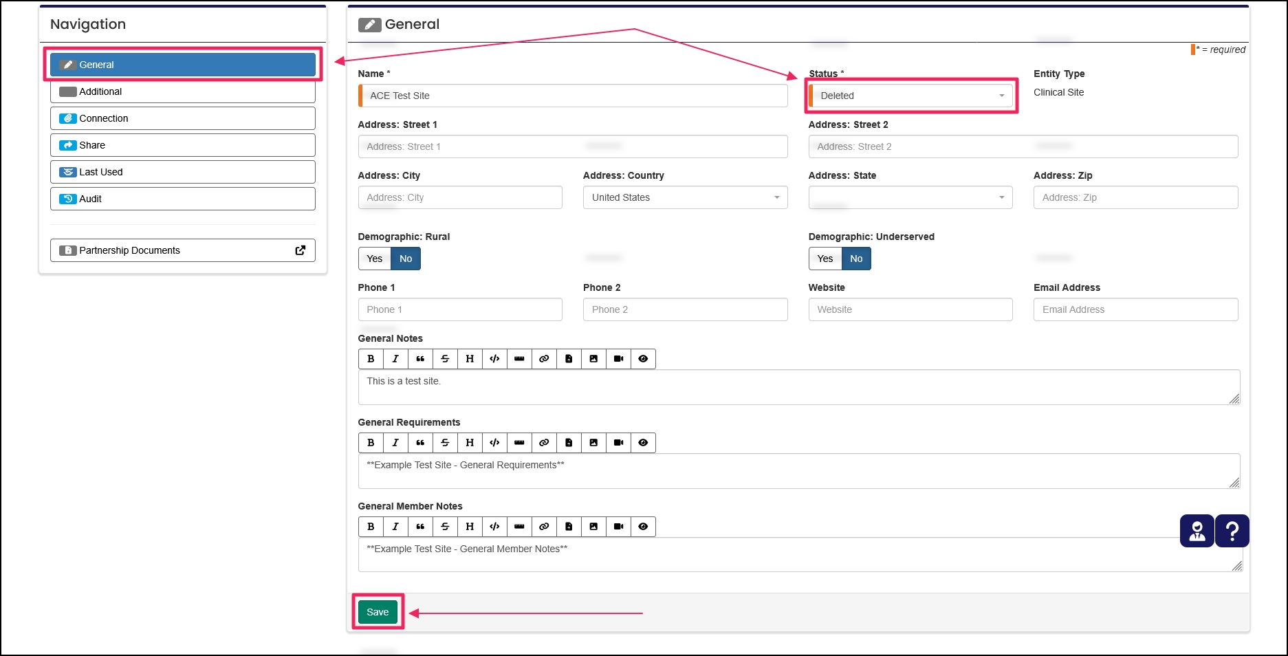 Edit Entity page highlighting the general tab, entity status change drop-down, and save button.