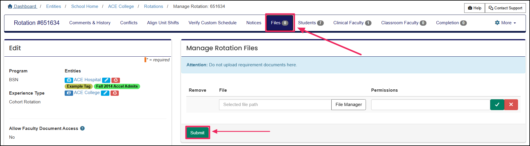 Edit Rotation page highlighting Files button and Manage Files panel example.