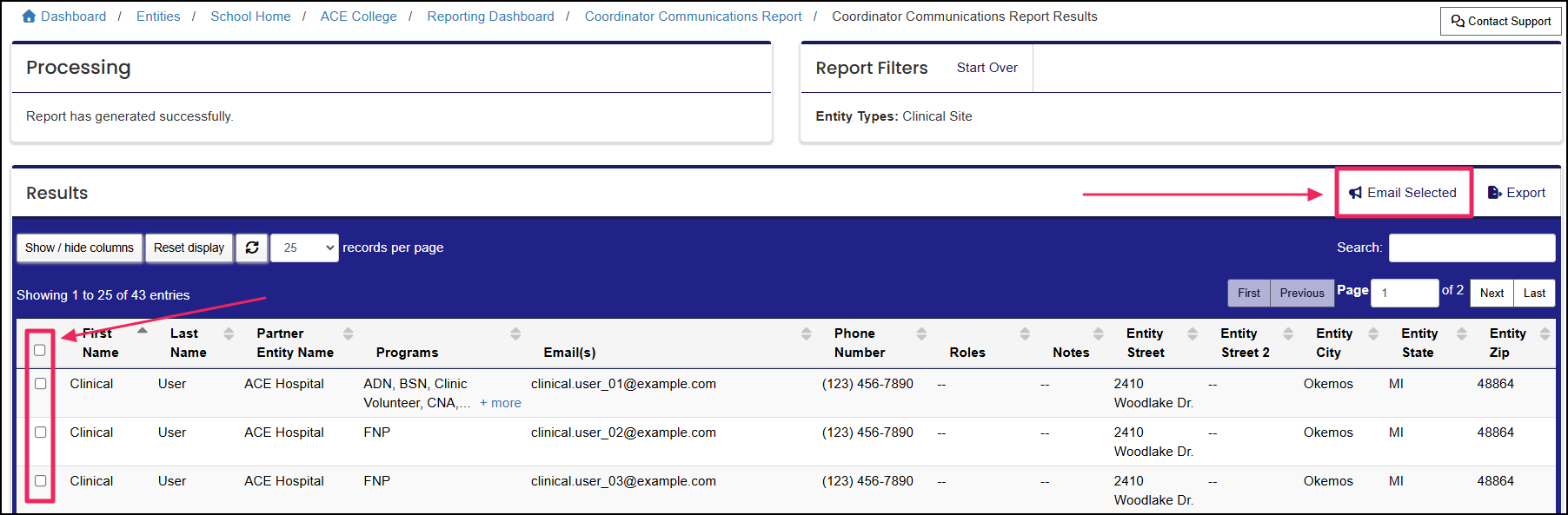 Coordinator Communications Report results highlighting the recipient checkboxes.