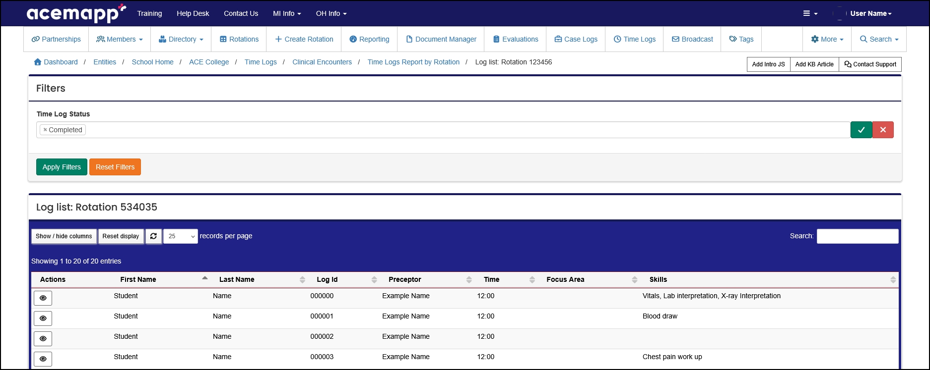 Log list table filtered by time log status.