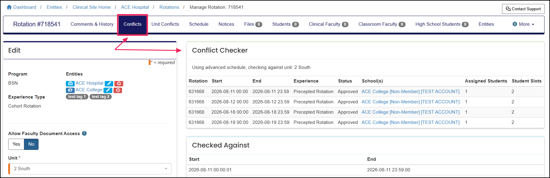 Rotation edit page highlighting the conflicts tab.