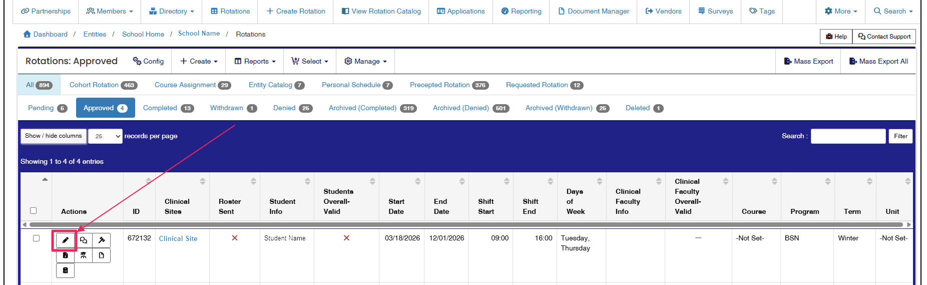 Rotation Table highlighting Edit button