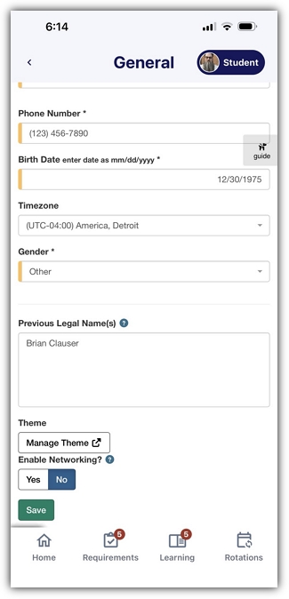 General profile page showing additional fields to complete.