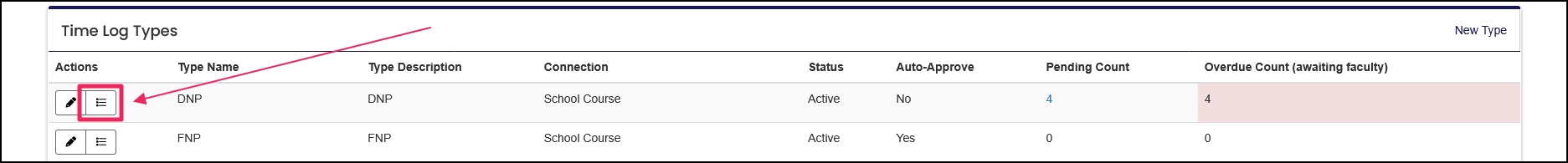 Time log types page with an arrow pointing to the List button.