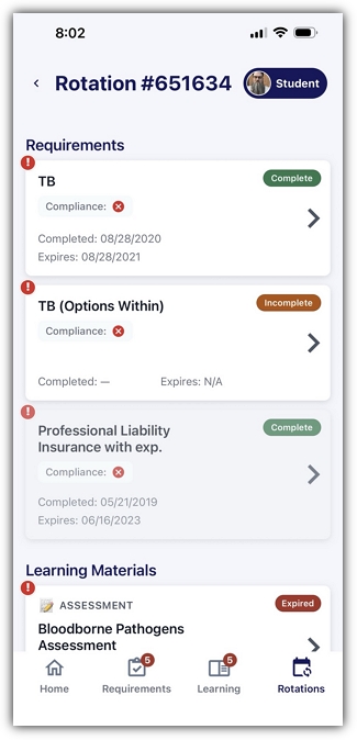 Rotation screen displaying onboarding items for the selected clinical rotation.