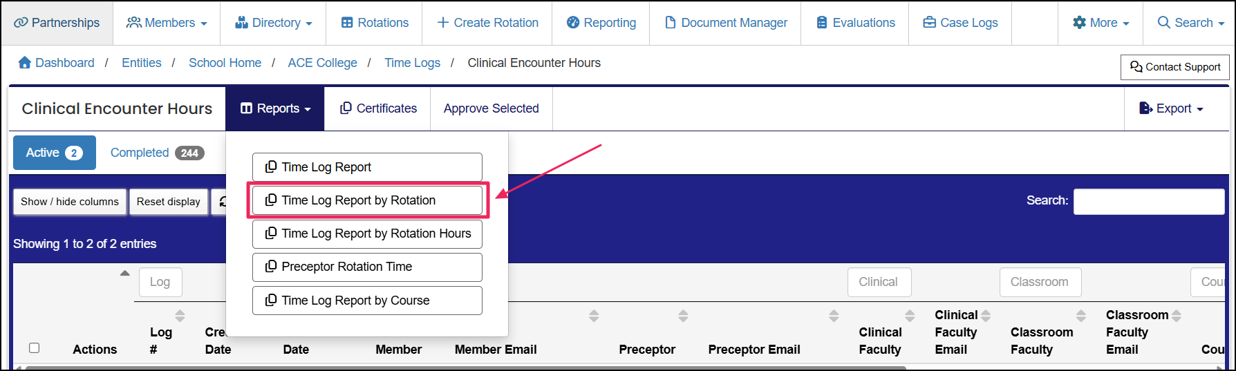 Reports button highlighted with Time Log Report by Rotation option highlighted in the drop-down menu.
