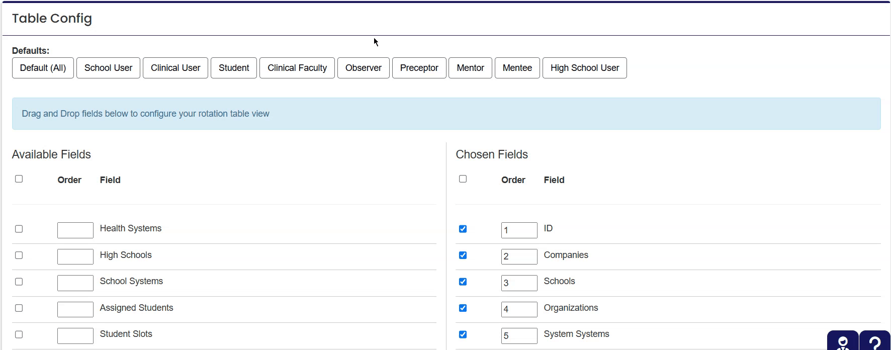 Available fields and chosen fields for rotation table configuration.