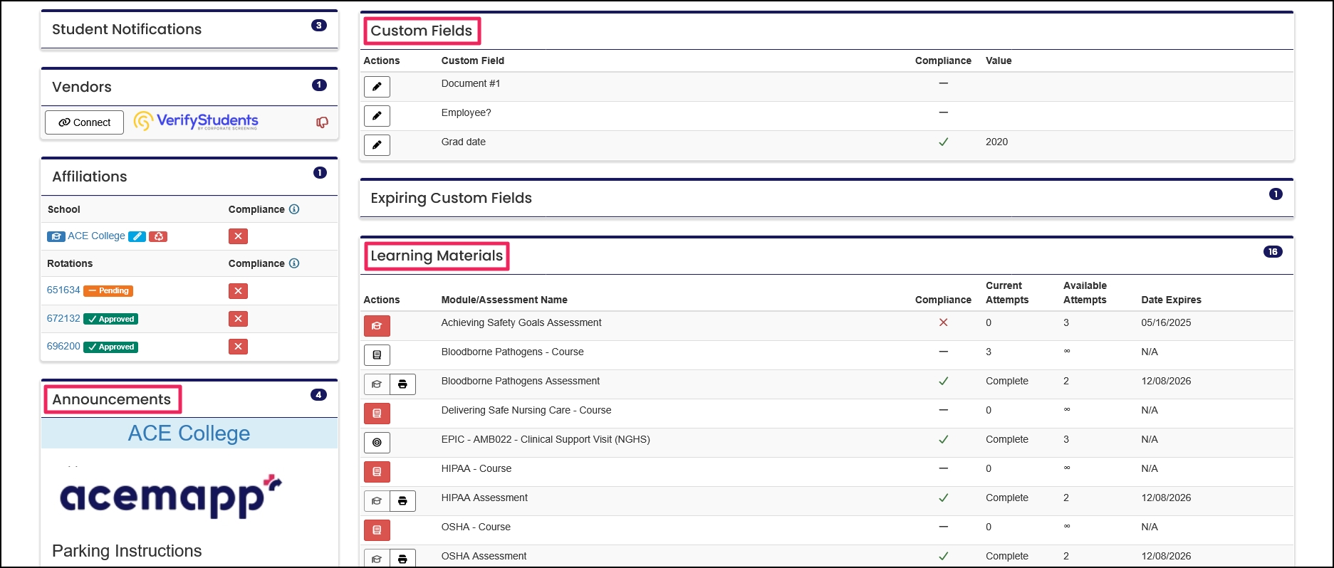 Members home page example highlighting Announcements, Custom Fields, and Learning Materials panels.