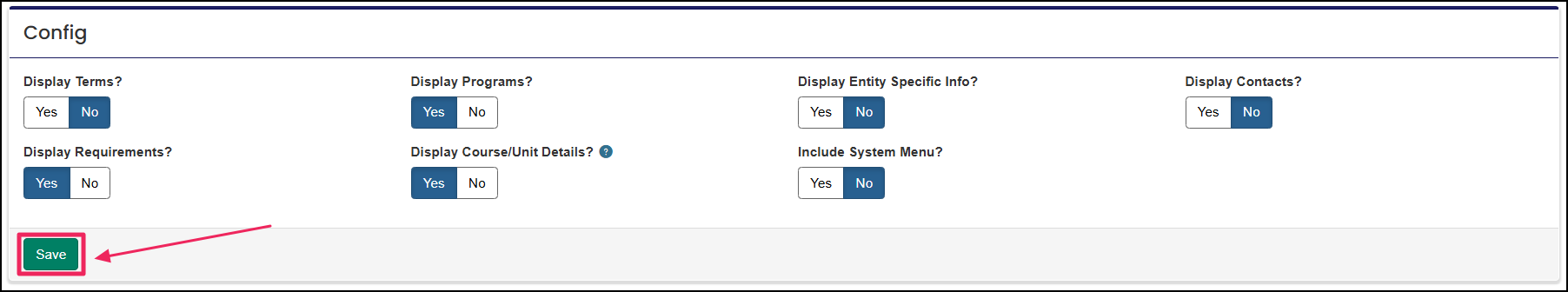CMS config options and save button