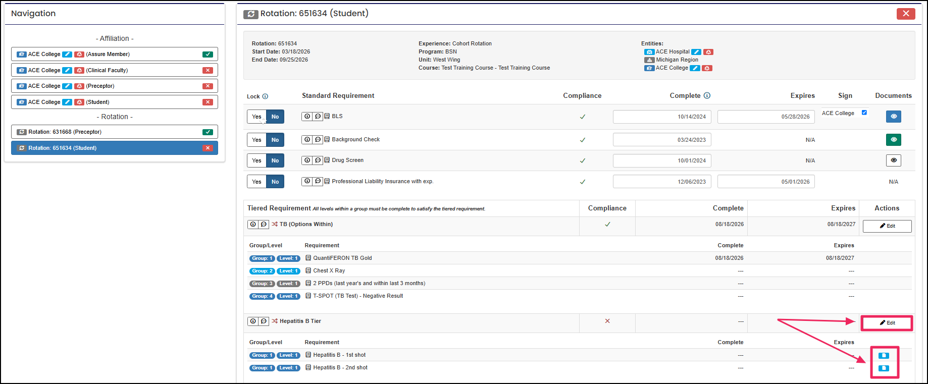 Manage requirements page highlighting the pending document icon and tier edit button.