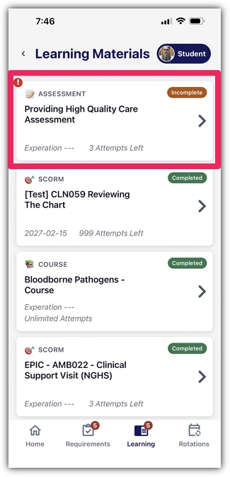 Learning Materials screen with an assigned assessment highlighted.