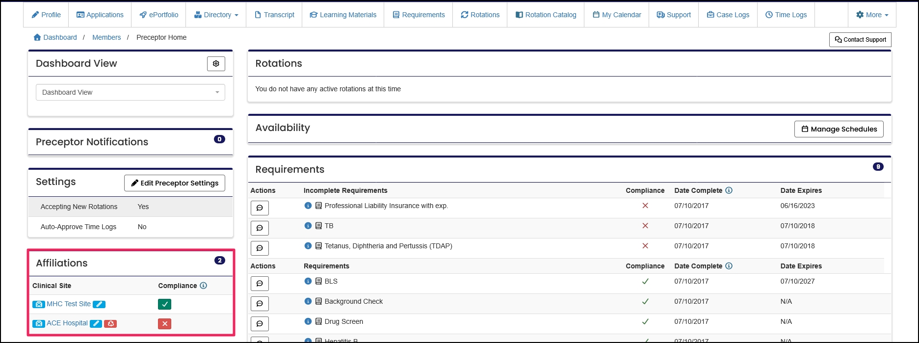 Member home page highlighting Affiliations panel.