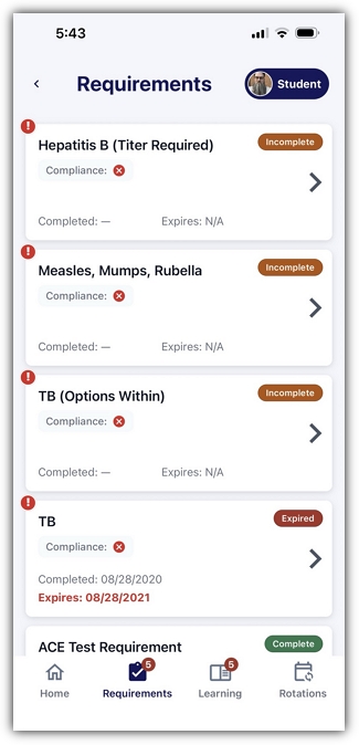 Requirement screen displaying a list of onboarding requirements and their statuses