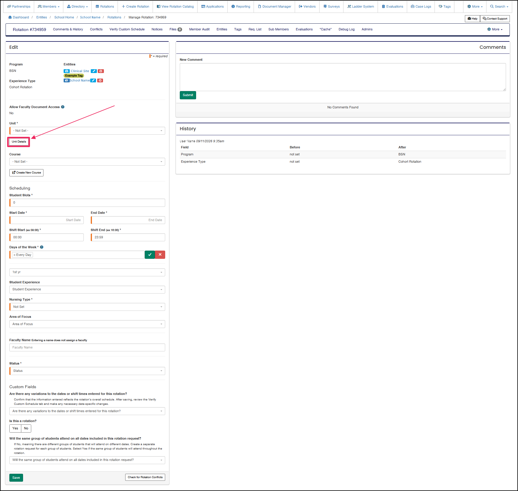 Rotation manage page highlighting the unit details button