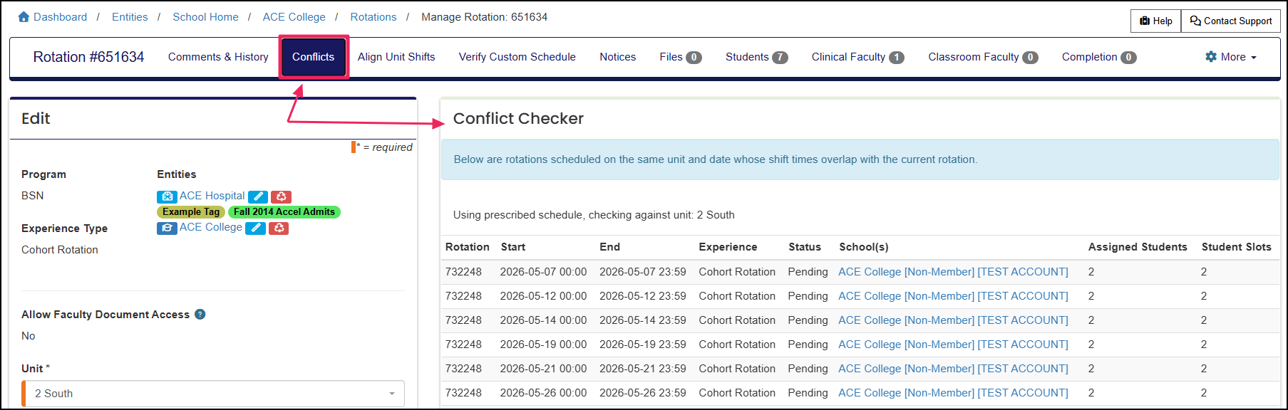 Edit Rotation page highlighting Conflicts button and Conflict panels example.