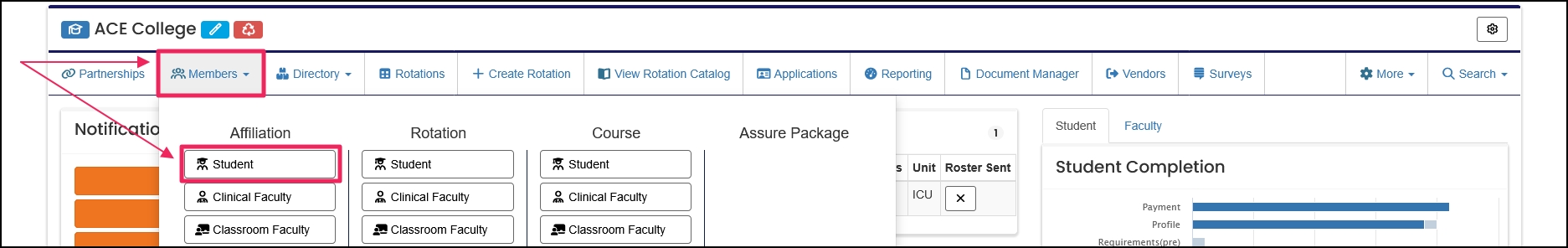 Members dropdown with an arrow pointing to student member type under affiliation.
