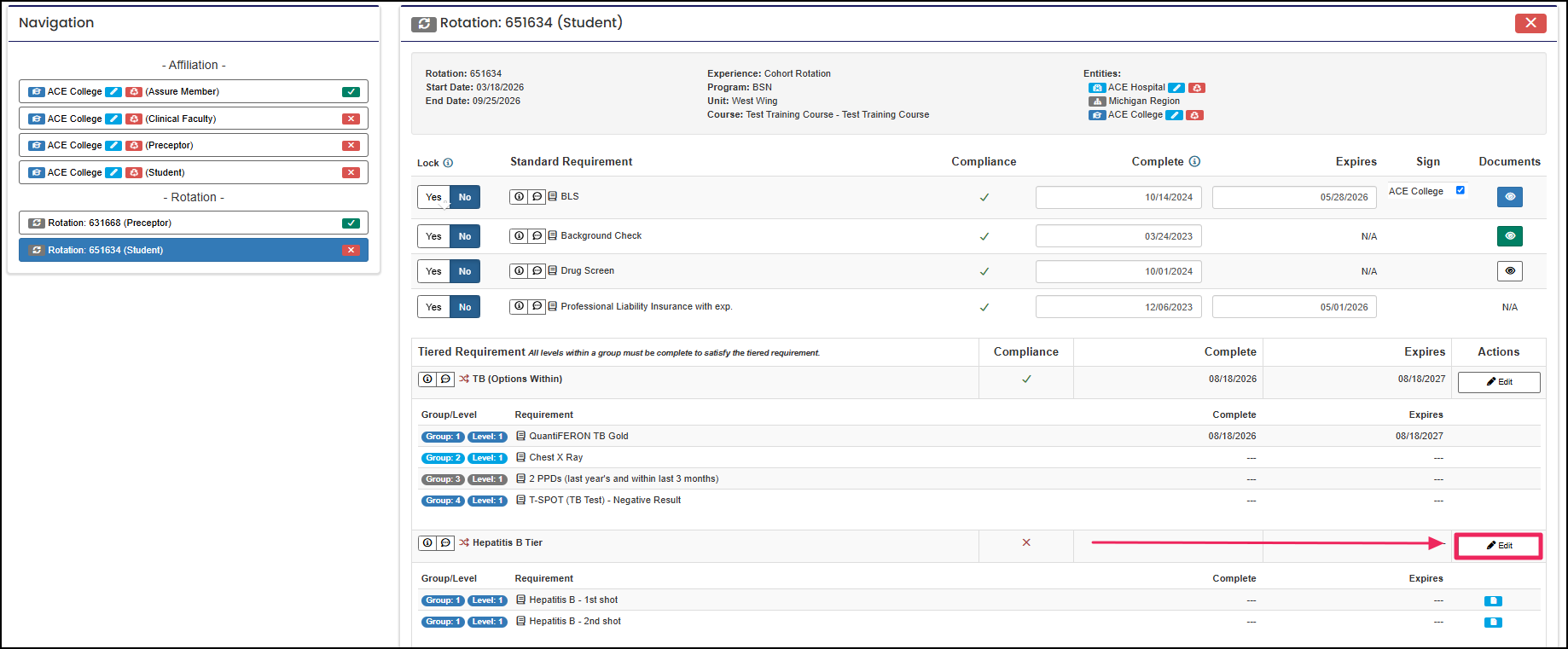 Manage Requirements page pointing to Edit button in Tiered Requirements section