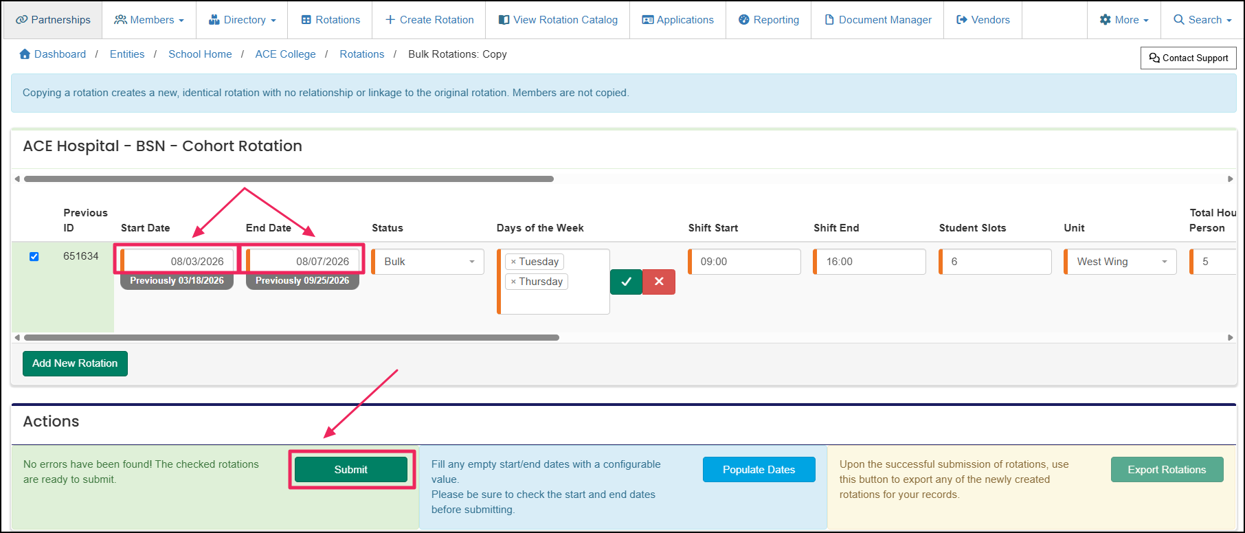 Copy rotations page highlighting the start and end date fields, and the submit button.