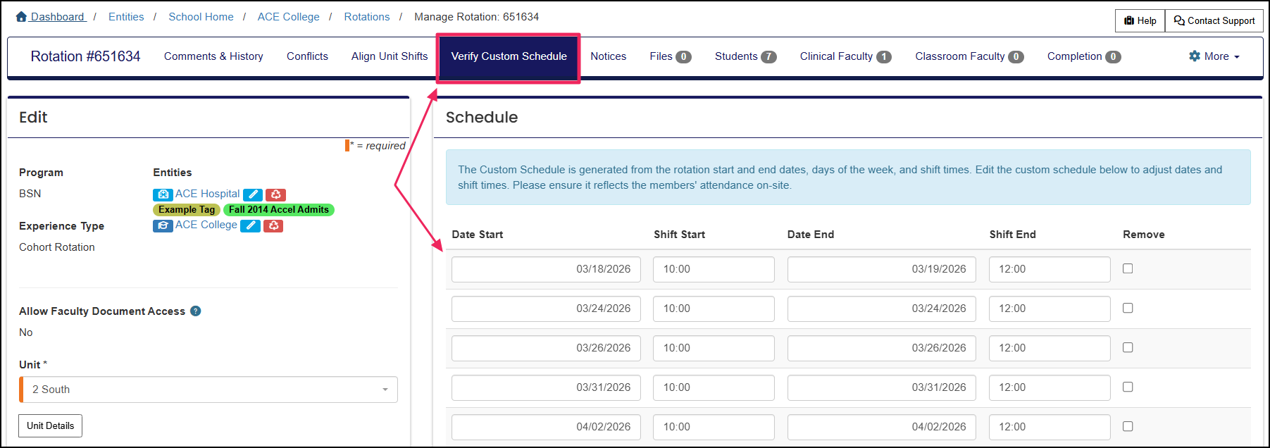 Rotation manage page highlighting the verify custom schedule tab and schedule form.