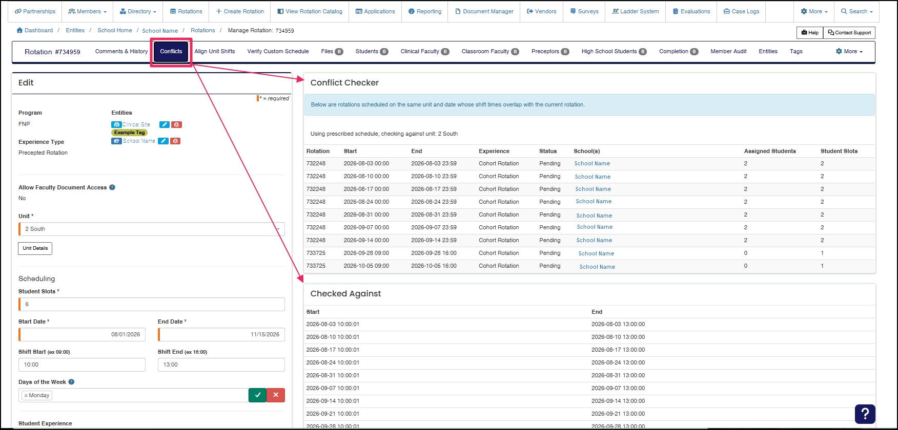 Edit Rotation page conflicts tab showing Conflict Checker panel with conflicting rotation