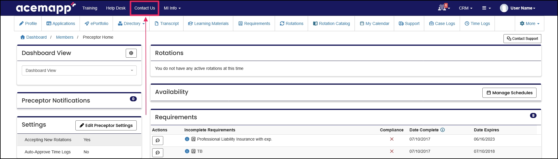 Arrow pointing to the Contact Us button.