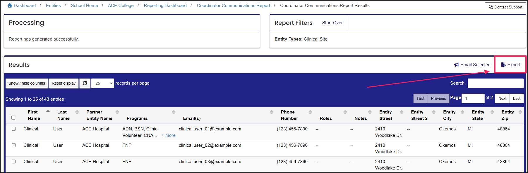 Coordinator Communications Report results highlighting the Export button.