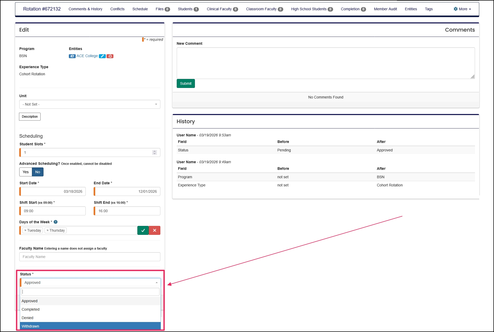 Rotation Edit screen example highlighting Status selector.