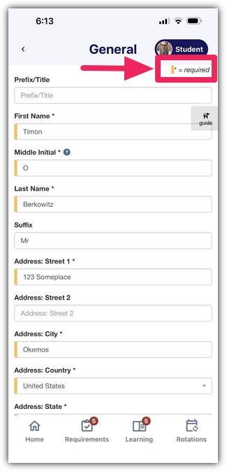 General profile page showing fields and indicating that required fields must be completed.