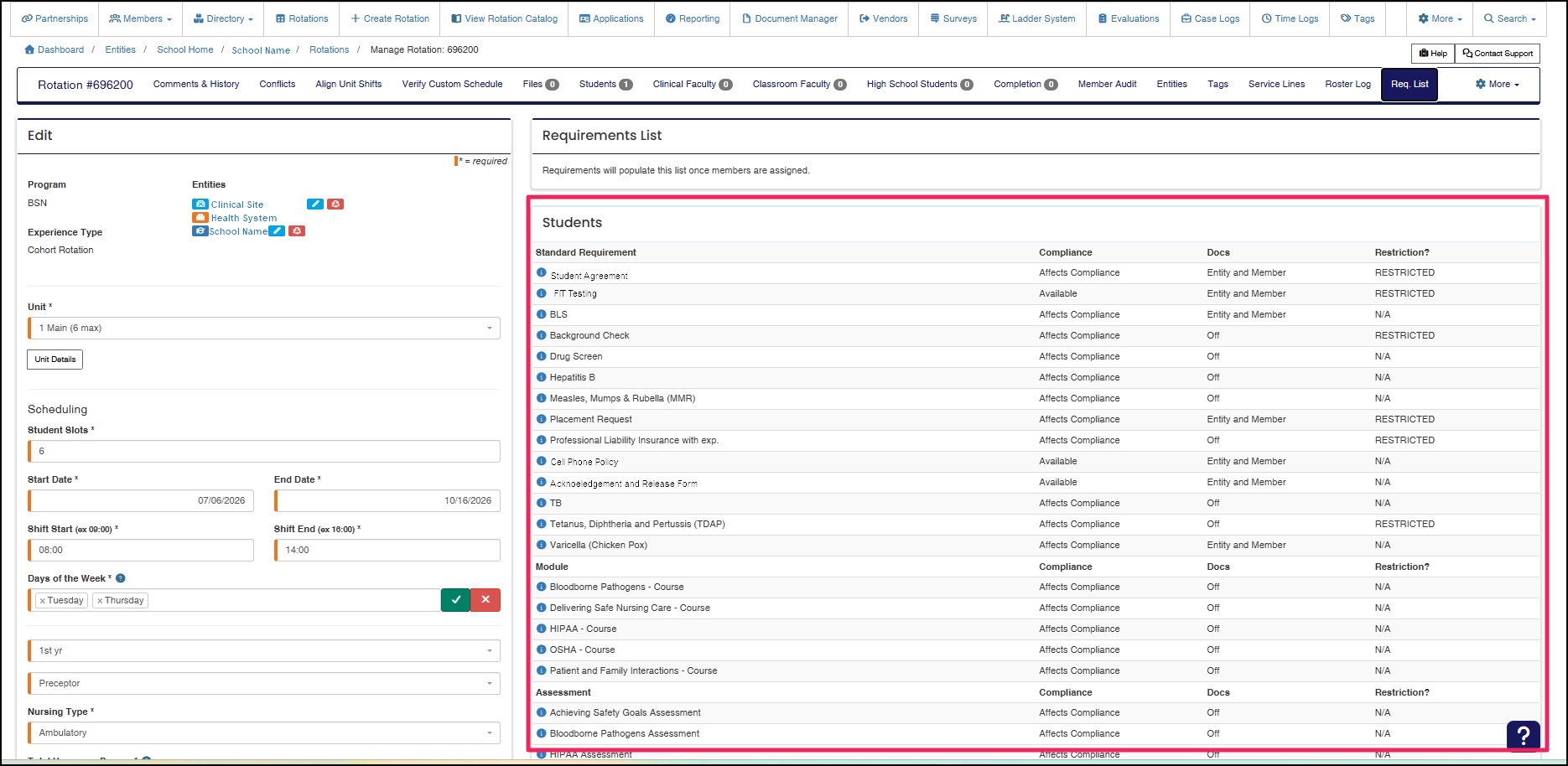Edit Rotation screen Requirement List example