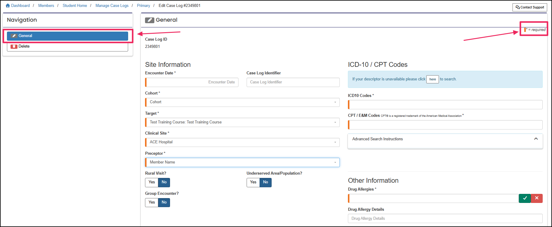 Case log page highlighting the general tab and required field indicator.
