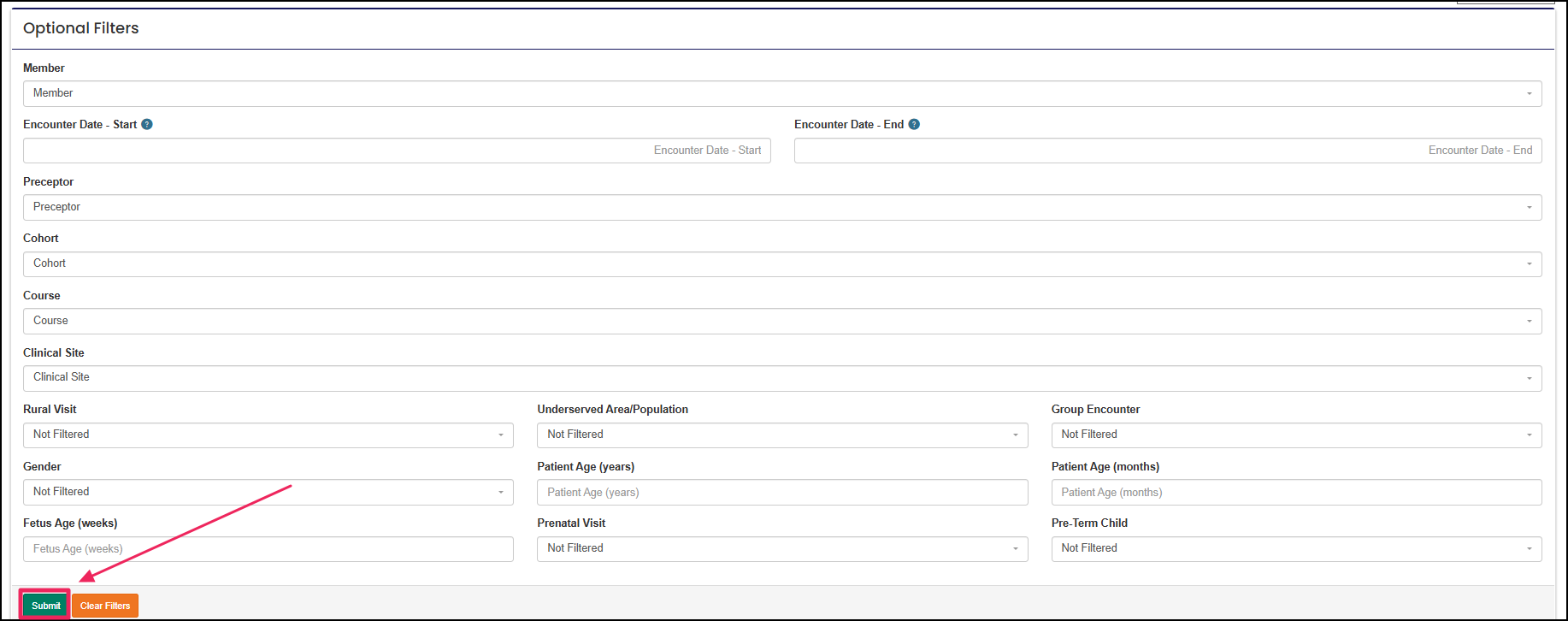 Report filter options highlighting the Submit button.