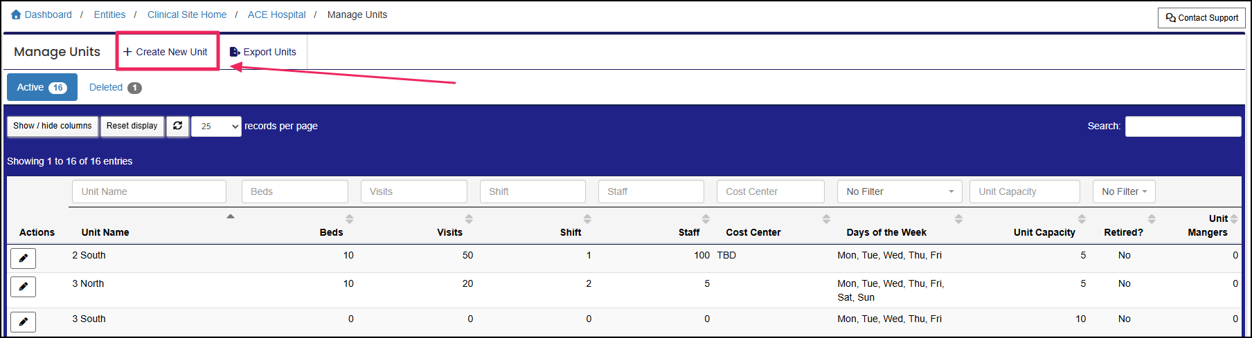 Manage Units table highlighting Create New Unit button.