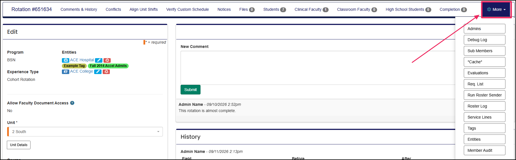 Edit Rotation page highlighting More dropdown button.