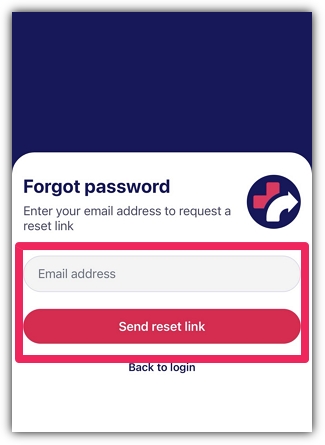Forgot Password screen with the Email Address field and Send Reset Link button highlighted.