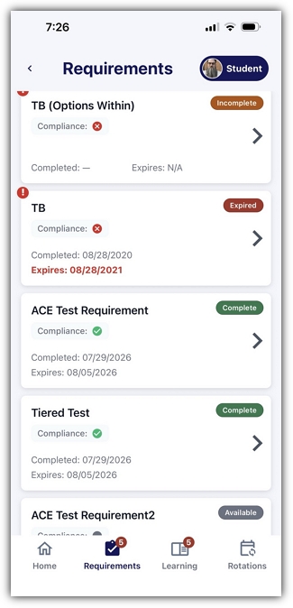 Requirements screen showing multiple onboarding requirements with different compliance statuses.