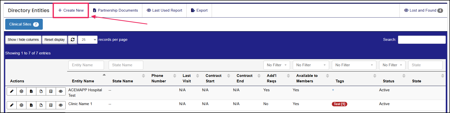 Directory Entities table highlighting Create New button