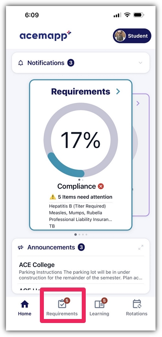 Home screen with Requirements button highlighted.