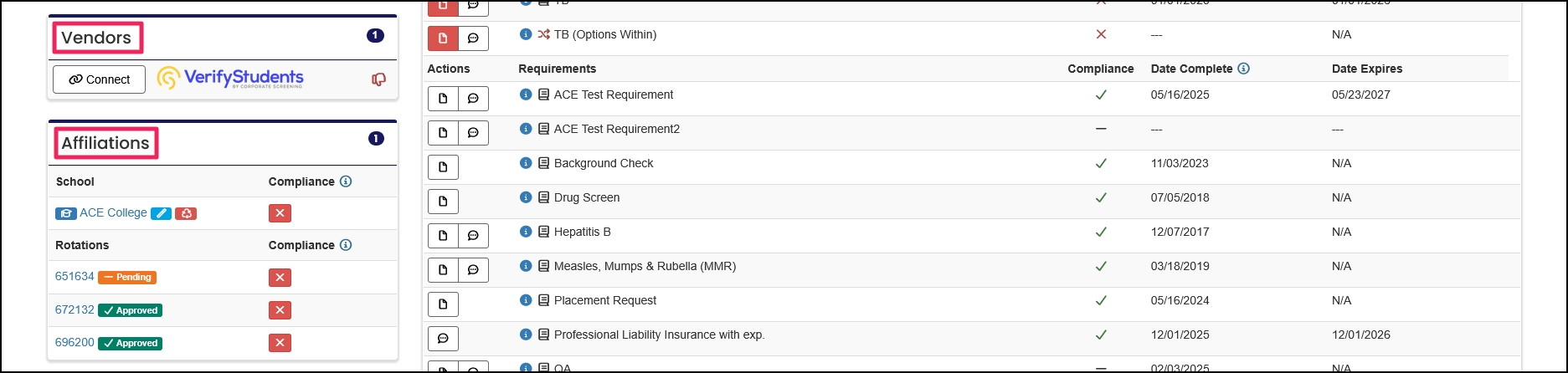 Members home page example highlighting Vendors and Affiliations panels.