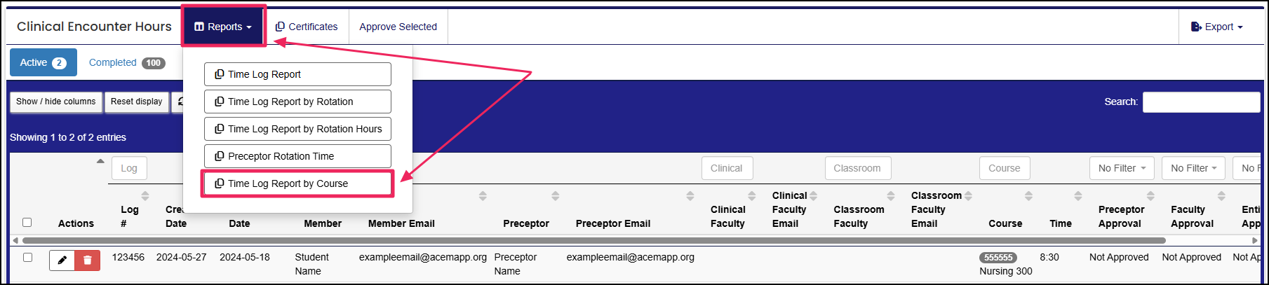 Reports button highlighted with Time Log Report by Course option highlighted in the drop-down menu.