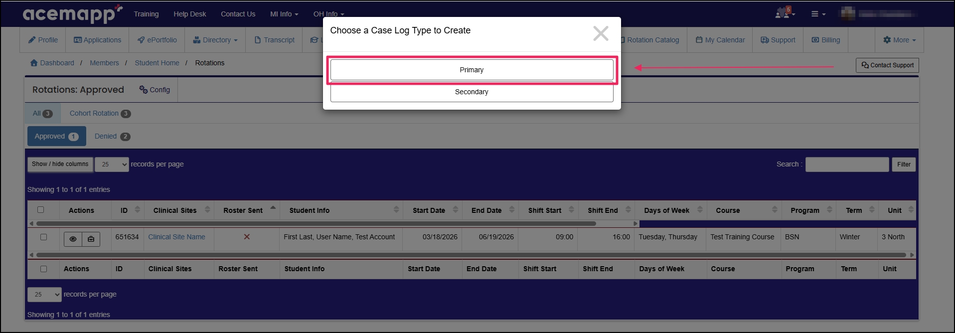 Pop-out box highlighting the Case Log type selection.