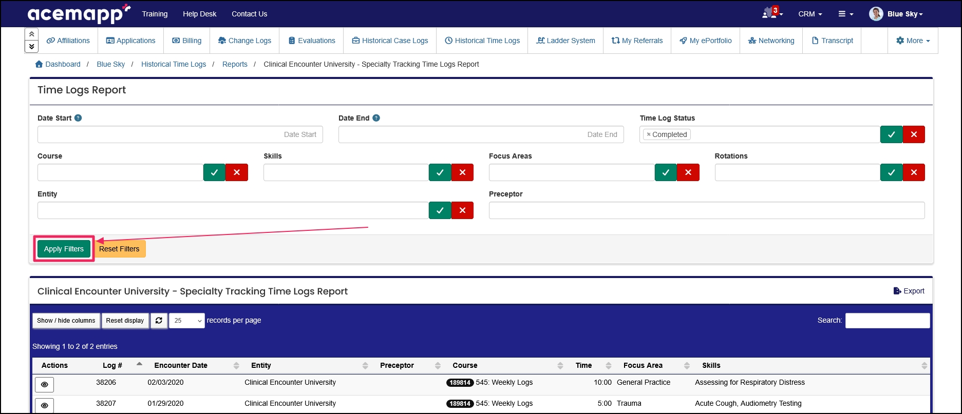 Historical Time Logs Report filter options example.