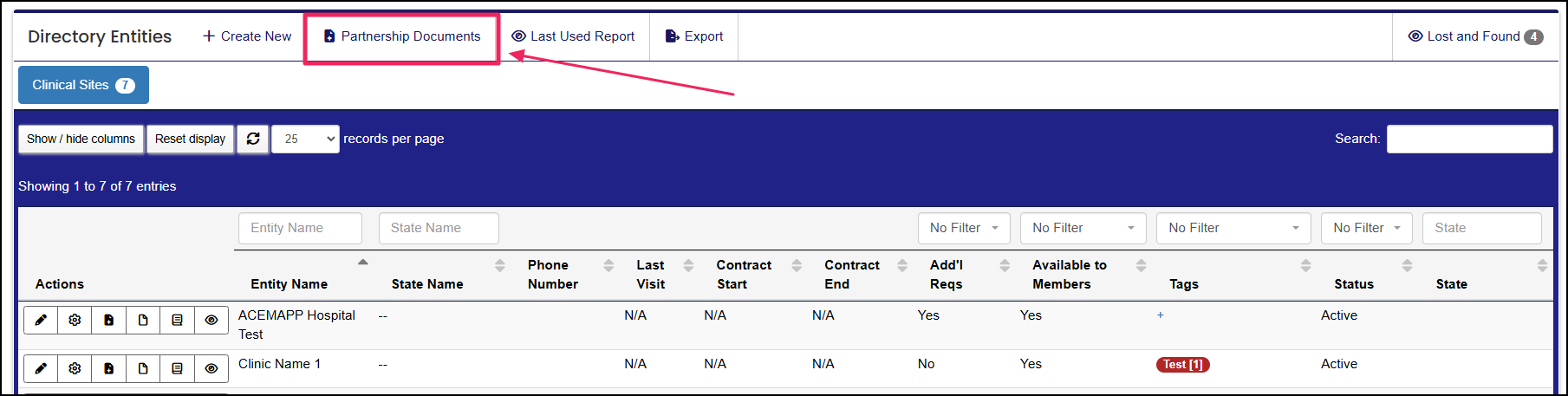 Directory entities table highlighting the partnership documents tab.