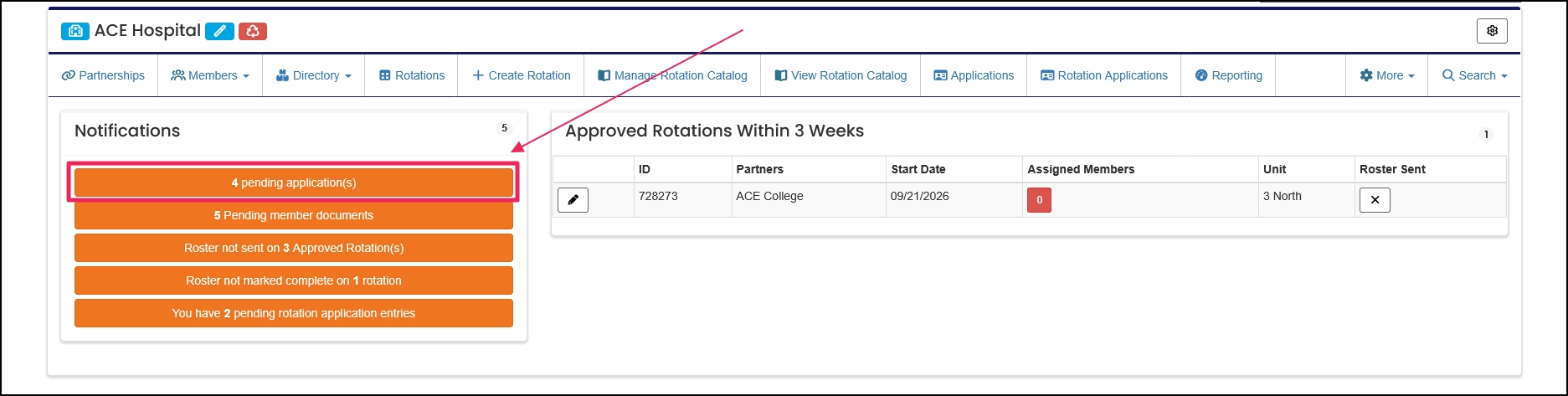 Users home page highlighting Pending Application notification.